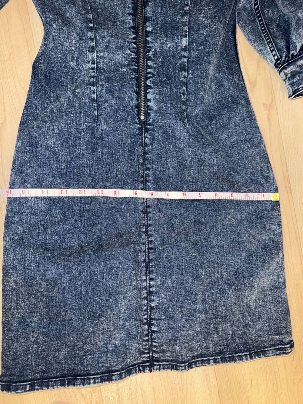 GANNI Acid Wash Puff Sleeve Zip Front Denim Mini Dress Size 32 - Picture 8 of 8